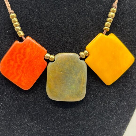 Agate Stone Bead Necklace Green Yellow Orange Polished Natural Brass Spacers - Picture 3 of 12